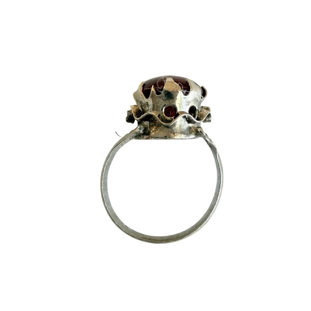 Unbranded Red Stone‎ Crown Ring Kids Size 2.5 Silver Tone Good Vintage Statement